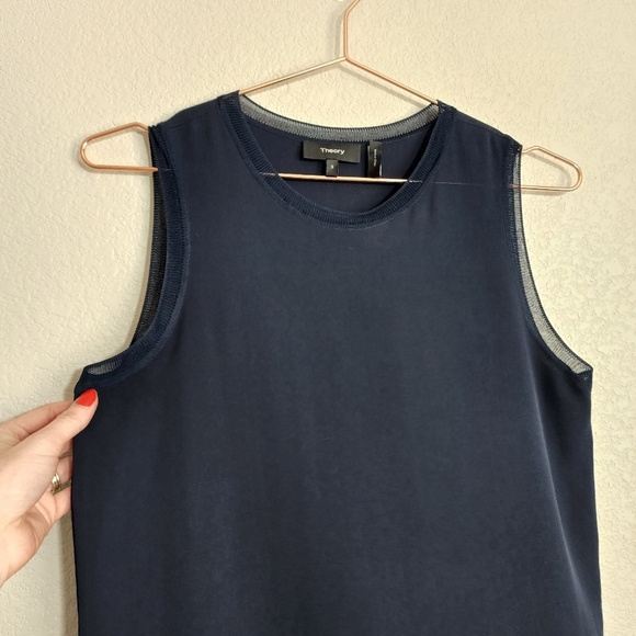 THEORY Lewie Silk tank top in Navy / chartreuse size Small - Picture 10 of 12